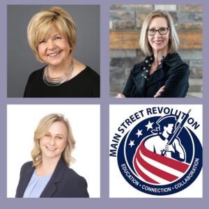 Three headshots of women smiling with the Main Street Revolution Logo in the fourth corner.